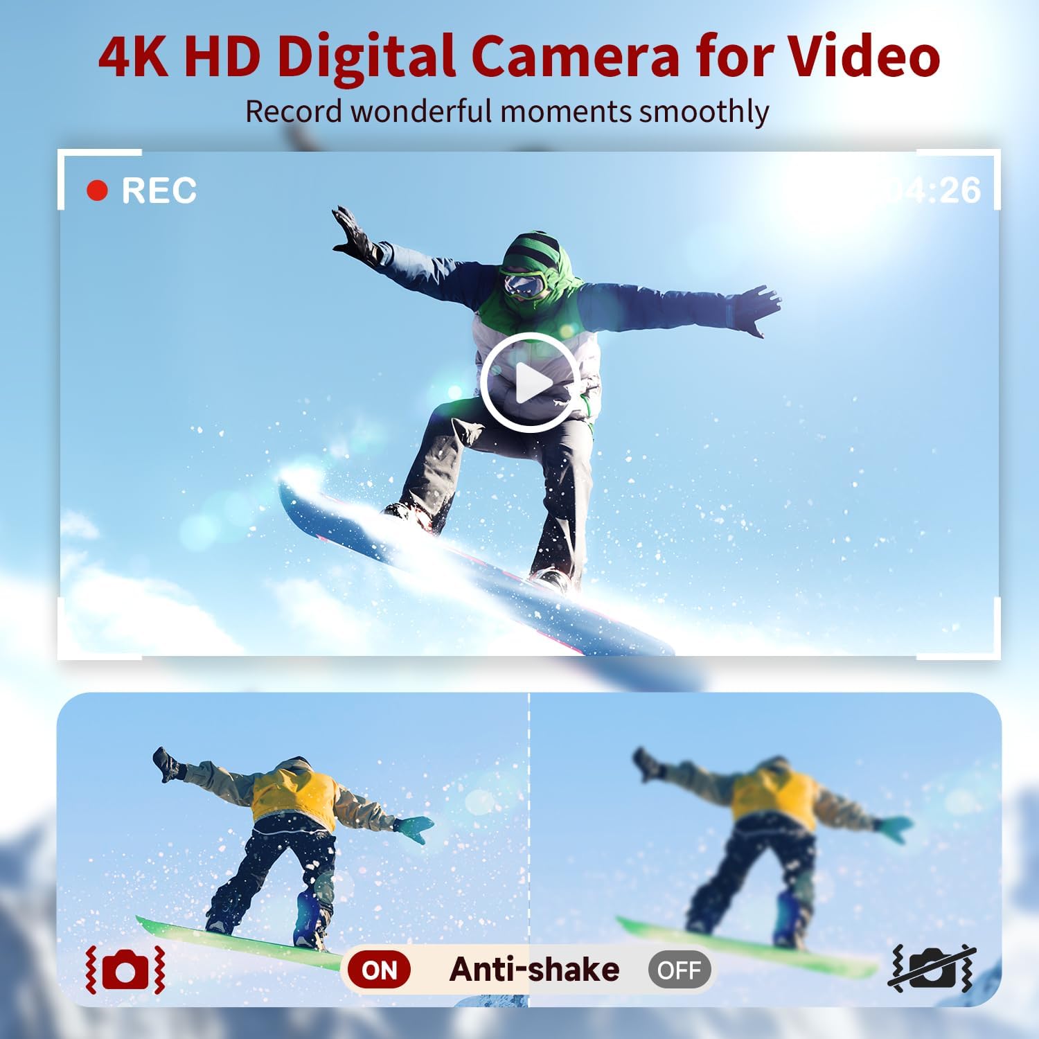 4K Digital Camera for Photography Autofocus, 48MP Vlogging With Flash Anti-Shake, 3'' 180 Flip Screen Compact Travel 16X Zoom for Teens With 32G Card, Battery Charger - Image 2
