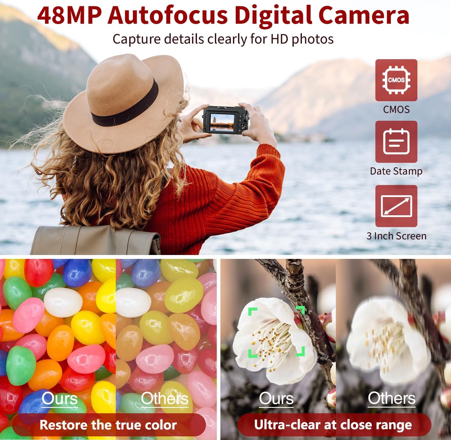 4K Digital Camera for Photography Autofocus, 48MP Vlogging With Flash Anti-Shake, 3'' 180 Flip Screen Compact Travel 16X Zoom for Teens With 32G Card, Battery Charger - Image 3
