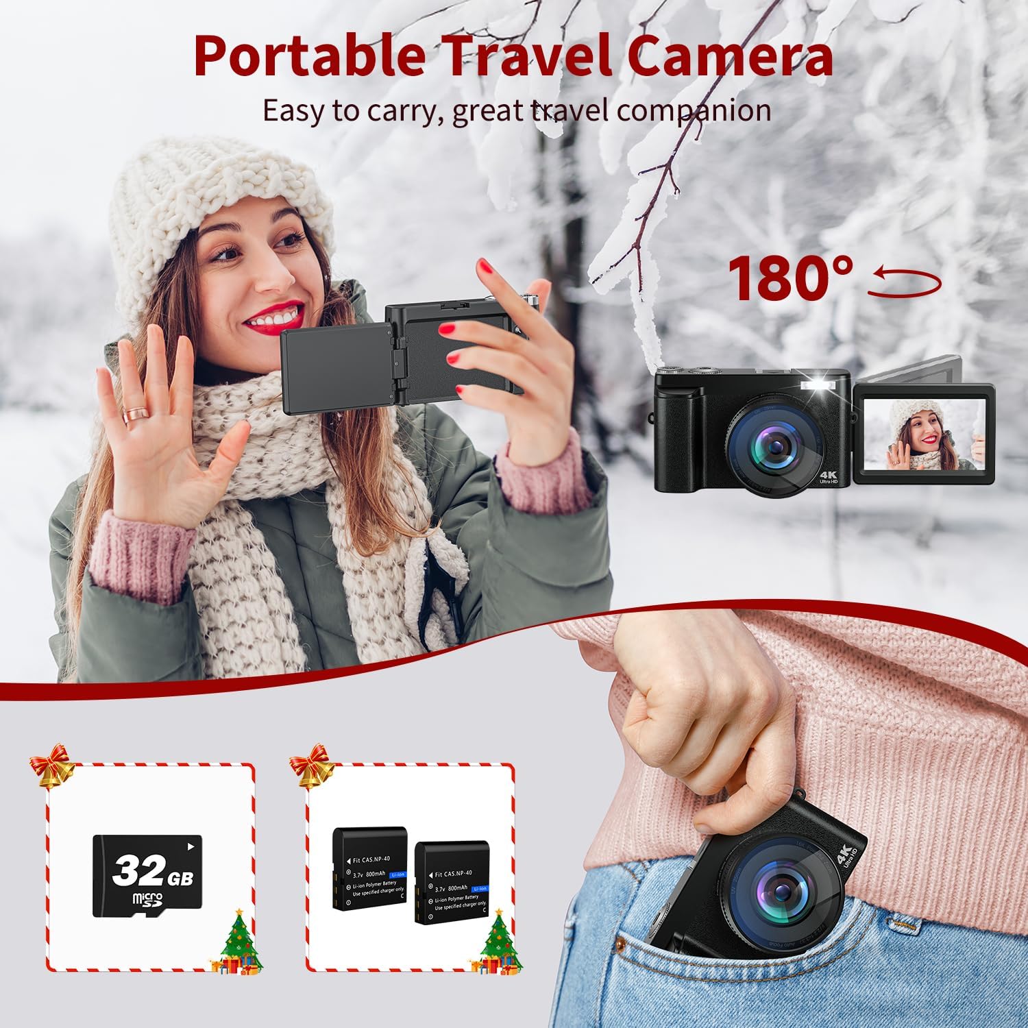 4K Digital Camera for Photography Autofocus, 48MP Vlogging With Flash Anti-Shake, 3'' 180 Flip Screen Compact Travel 16X Zoom for Teens With 32G Card, Battery Charger - Image 4