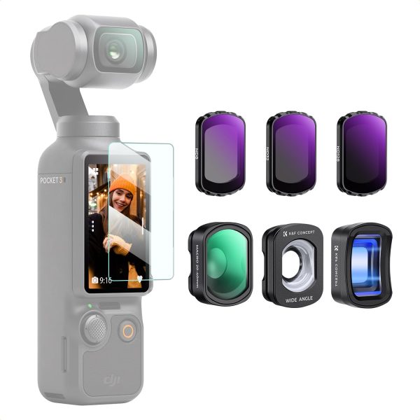 K&F Concept Effect Lens & ND Filter Kit for DJI Osmo Pocket 3, 1.2X Anamorphic Lens+ Wide-Angle Lens+ 10X Macro Lens+ ND8+ND32+ND128, Magnetic Attach/Multi-Coated/Optical Glass