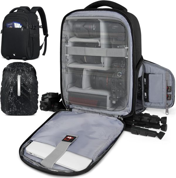 RAINSMORE Camera Backpack Camera Bag for Photographers DSLR SLR Mirrorless Camera Cases with Waterproof Rain Cover & Laptop Compartment Fits 14 Inch Laptop,Anti Theft Travel photography backpack,Black