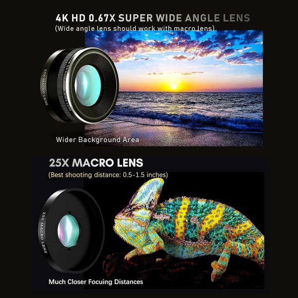 Updated COSULAN 4-in-1 Phone Camera Lens Kit, Come with 22X Telephoto Lens, 205° Fisheye Lens, 4K 0.67X Wide Angle Lens, 25X Macro Lens, Clip, and Phone Mini Tripod for iPhone and Android Phone Series - Image 2