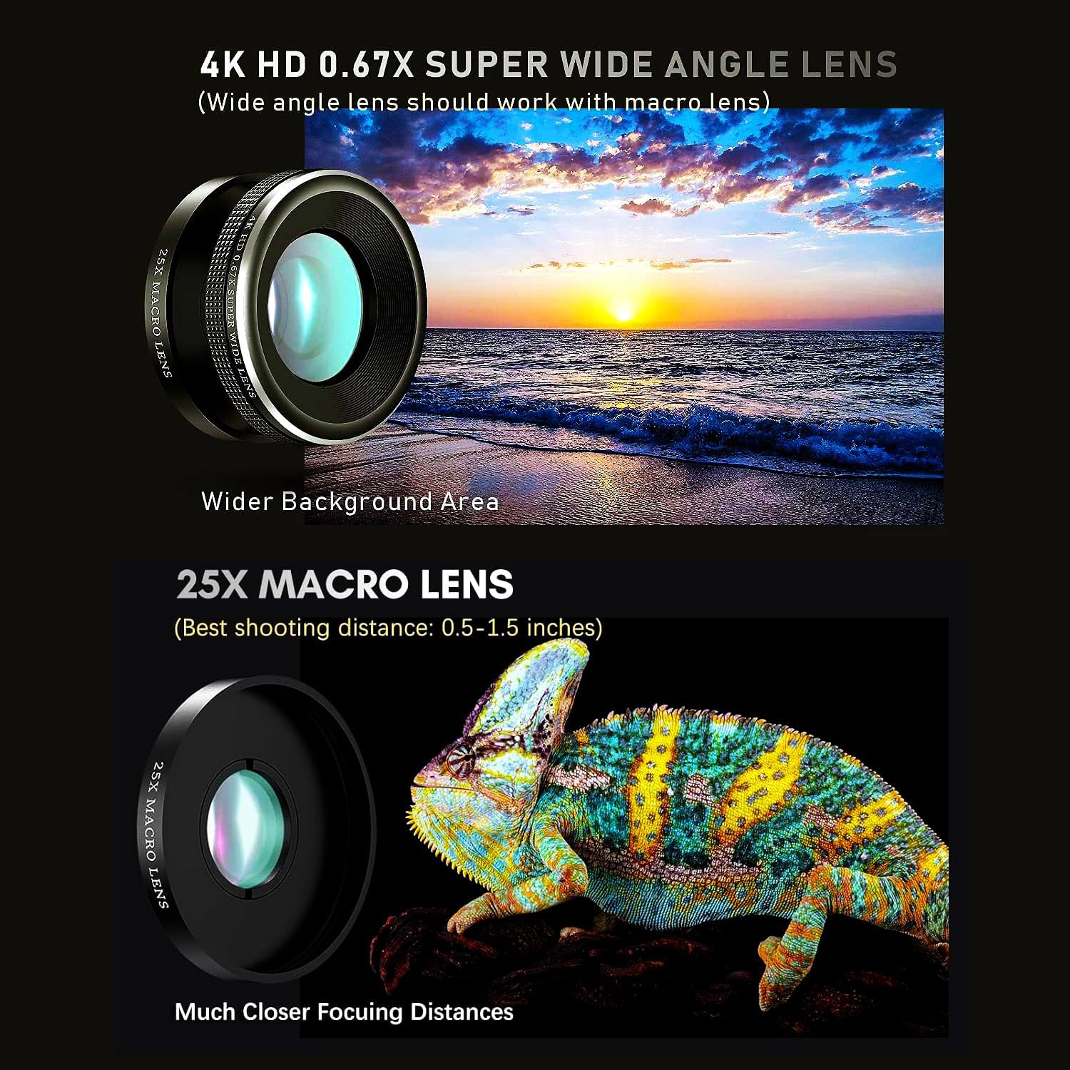 Updated COSULAN 4-in-1 Phone Camera Lens Kit, Come with 22X Telephoto Lens, 205° Fisheye Lens, 4K 0.67X Wide Angle Lens, 25X Macro Lens, Clip, and Phone Mini Tripod for iPhone and Android Phone Series - Image 2